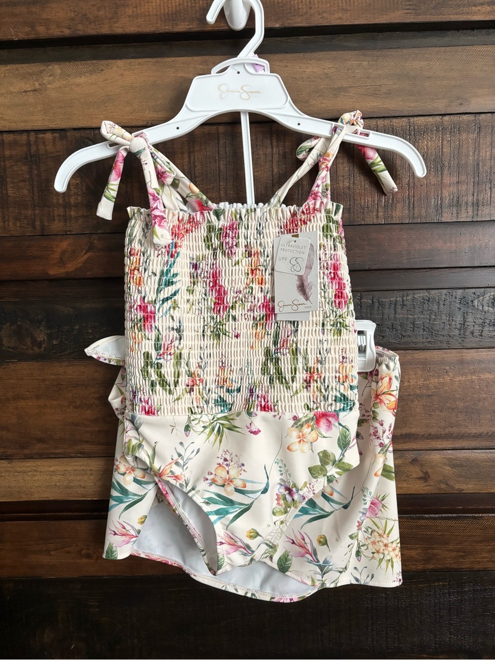 🌸NWT Jessica Simpson Girls Floral Smocked One-Piece Swimsuit with Skirt🌸